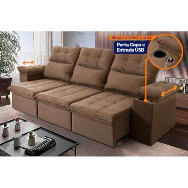 Imagem de Sofá Retrátil Reclinável Verona USB + Porta Copo 2.30m Suede Velut Bege c/ Molas no Assento - King House