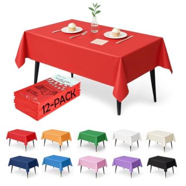 Imagem de Craft And Party Pacote com 12 toalhas de mesa vermelhas de plástico – Capas de mesa descartáveis de 137 x 272 cm para mesas retangulares, resistentes e à prova d'água para festas, eventos, banquetes
