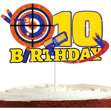 Imagem de Topo de bolo de arma de dardo 10 para meninos meninas 10º aniversário dardo artigos de festa de guerra alvo bala decoração de bolo arma alvo 10 anos decoração de bolo tema arma suprimentos de festa