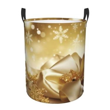 Imagem de Cesta de roupa suja de Natal de seda dourada dobrável à prova d'água cesto de armazenamento de roupas com alças pano oxford organizador de brinquedos cesta para banheiro, lavanderia, quarto, médio