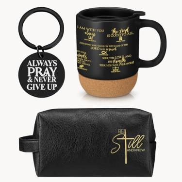 Imagem de Dansydaisy 3 peças de presentes cristãos para homens, copo de madeira de cerâmica de 382 g com tampa e bolsa de higiene pessoal de couro de palha, chaveiro inspirador para o dia dos pais, presentes