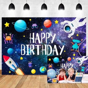 Imagem de Leyiyi 1,5 x 0,9 m Espaço Feliz Aniversário Pano de Fundo para Meninos Astronauta Foguete Planeta Estrelas Fundo Fotografia Alienígena Galáxia Céu Estrelado Crianças Artigos de Decoração de Festa de