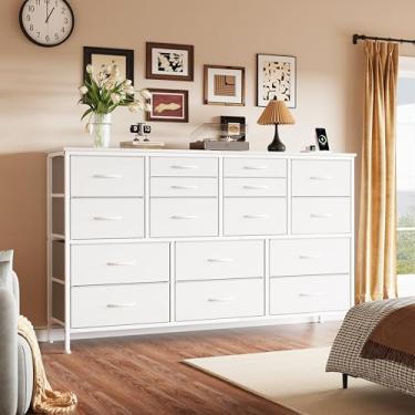 Imagem de Suporte de TV de cômoda com tomada elétrica Suportes de TV de 152 cm para cômoda de sala de estar para quarto com 16 gavetas para suporte de TV com suporte de TV de armazenamento para mesa de console