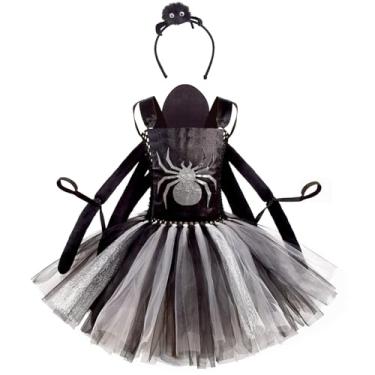 Imagem de ABEHIK Toddler Ghost Spider Costume Girls Halloween Costume Set 3 Piece Kids Tulle Tutu Ruffle Dress with Headband Witch Spider Cosplay Birthday Party Dress Up Black 9-10 Years