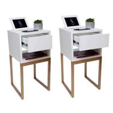 Imagem de Kit 2 Mesas Cabeceira Industrial Gaveta E Nicho Base Dourada - Fl Deco