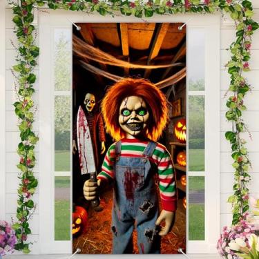 Imagem de BlissYard Capa de porta de Halloween Chucky Bloody Knife Doors Banners 71 x 35 polegadas boneca assassina assustador portas de terror decoração de porta de casa assombrada decoração frontal bem-vinda