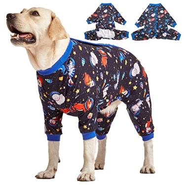 Imagem de LovinPet Pijama grande para cães grandes – macacão para cachorro calmante para ansiedade, camiseta para casacos para cães, leve, elástico, estilo 4 pernas, pijamas para cães grandes, pijamas de animais espaciais com estampa preta, tamanho médio