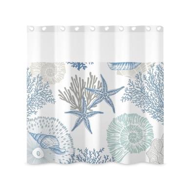 Imagem de ggaimwf Conjunto de cortina e forro náutico sem gancho, estrela do mar, concha e oceano, para banheiro, abstrato, litoral, neutro