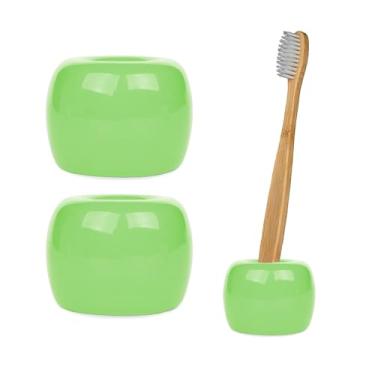 Imagem de LIDESHUE Suporte de escova de dentes de cerâmica elegante, suporte de escova de dentes multifuncional feito à mão, à prova d'água, para banheiro e bancadas (verde)