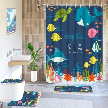 Imagem de Lnond Conjunto De 4 Peças Cortina Chuveiro Para Banheiro Infantil, Baleias Azuis Decoração Com Cortina, Tapetes Antiderrapantes, Tampa Vaso Sanitário, Tapete Em U E 12 Ganchos