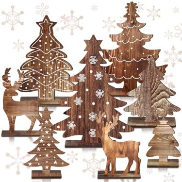 Imagem de Barydat 8 peças de decoração de mesa de Natal de madeira pinheiro rena mesa central de mesa de Natal inverno placas de mesa rústica decoração de casa de fazenda para casa, escritório, mesa