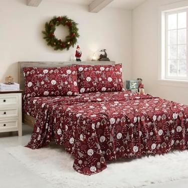 Imagem de Lençóis de Natal Queen Size com tiras embutidas – Roupa de cama aconchegante de Natal para alegria de férias e sonhos de inverno – Macio, sono confortável para celebrações sazonais, noite de neve
