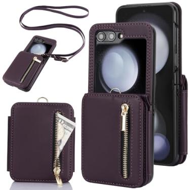 Imagem de Cartões de cordão carteira de couro com zíper capa para Samsung Galaxy Z Flip 5 4 3 Flip5 Flip4 Capa de bolsa de bolso crossbody, roxo escuro, para Galaxy Z Flip 5