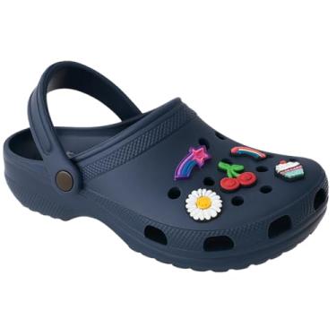 Imagem de Sandália Feminina Babuche Clog em EVA, Design Anatômico, com Acessórios Decorativos PINS, Antiderrapante, Confortável (Azul-Marinho, BR, Adulto, Faixa Numérico, 33, 34)