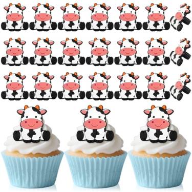 Imagem de 24 peças de enfeite de cupcake de vaca tema animais de fazenda anel de cupcake Oh enfeite de bolo de vaca bebê decoração de bolo para aniversário chá de bebê gênero revelar lembrancinha de festa