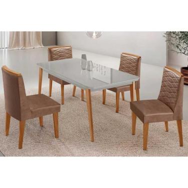 Imagem de Conjunto Sala de Jantar Havana c/ Tampo Madeirado c/ Vidro Canto Curvo 120x80cm e 4 Cadeiras Maldivas Madeira Maciça Naturale/Off White - Capuccino/Co