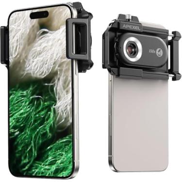 Imagem de APEXEL Lente de microscópio para telefone, micro lente de 150 x, nano zoom para Android/iPhone com luz UV LED/CPL/clipe universal, mini microscópio digital de bolso, acessórios de câmera micro lente
