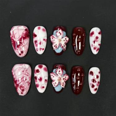 Imagem de RIICFDD Unhas postiças feitas à mão de amêndoa média com cola, unhas de flores tropicais com desenhos de linhas 3D, unhas de acrílico vermelho vinho, unhas postiças adesivas naturais para mulheres