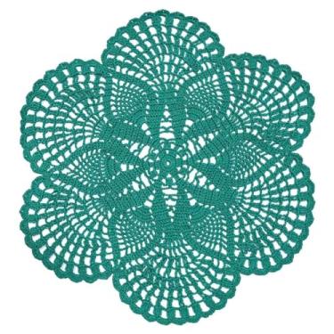Imagem de BOMHCS Doily de renda de crochê feito à mão de 39,4 cm a 44,5 cm redondo 6 pétalas de flores porta-copos para copos de papel higiênico vintage (1, pavão)