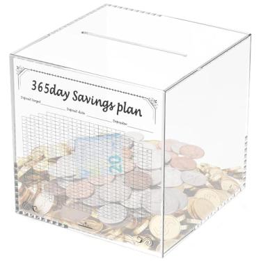 Imagem de Cofrinho de acrílico transparente inquebrável caixa de economia de dinheiro e caixa de dinheiro de 365 dias para adultos, crianças e adolescentes (cor transparente)