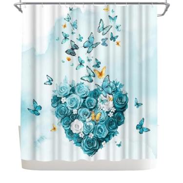 Imagem de WELMECO Cortina de chuveiro de flores e borboletas, decoração de banheiro com coração romântico, tecido de poliéster, 182 x 183 cm, cortina de banho com ganchos (azul-petróleo)