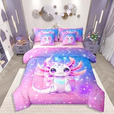 Imagem de Erosebridal Jogo de cama infantil com axolotl arco-íris, 7 peças, tamanho casal, axolote fofo, para meninas adolescentes, kawaii, oceano costeiro, animal, conjunto com lençol com enchimento de