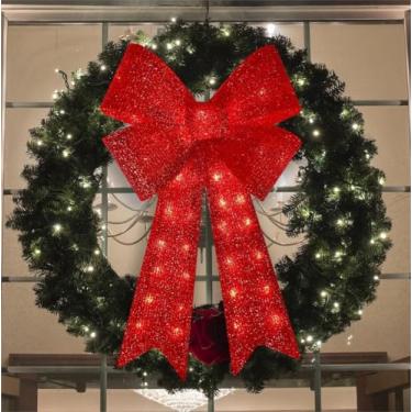 Imagem de GLOWNOVA 126 cm 126 LED laço vermelho com glitter, laço de guirlanda de Ação de Graças, enfeite de árvore de Natal, laços decorativos para porta da frente, decoração interna e externa