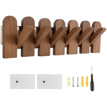 Imagem de Suporte de parede de madeira, suporte de parede de madeira maciça com 6 ganchos, cabide de parede dobrável estilo piano cabide para pendurar casacos, chaves, chapéus, roupão e toalhas (cor nogueira)