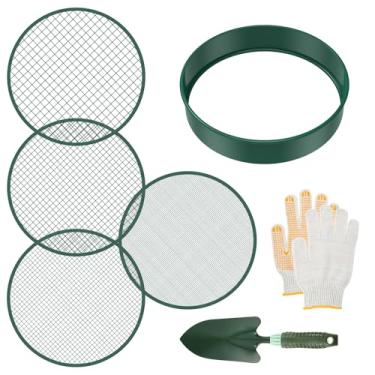 Imagem de KHZSPP Peneira de solo, peneira de jardim de 30,5 cm com 1 pá, 4 peneiras intercambiáveis tamanhos de filtro de malha 3,6,9,12 mm para filtragem de sujeira, areia e rocha