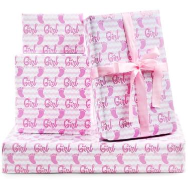 Imagem de Papel de embrulho, 7 folhas 50,8 x 71,1 cm It's a Girl Baby Girl Feet Pink White Stripes Papel de embrulho para meninas, presente de aniversário, tema revelador de gênero, chá de bebê, jardim de