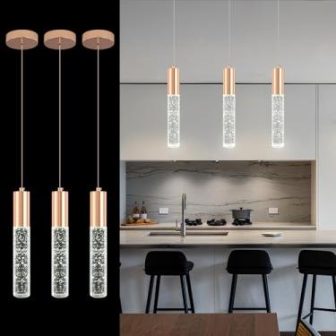 Imagem de Upfelw Pacote com 3 luminárias pendentes modernas para ilha de cozinha, luminária pendente de cristal mini bolha, luminária pendente de LED dourado polido para sala de jantar e cabeceira, luz branca