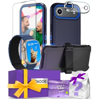 Imagem de AOKOOR Kit inteligente compatível com iPhone e pulseira para Apple Watch (clipe robusto, capa azul marinho + pulseira azul meia-noite, preta, para iPhone16 Pro)