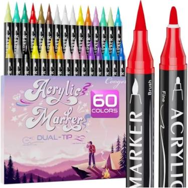 Imagem de Marcadores de tinta acrílica de ponta dupla de 60 cores, canetas de tinta acrílica permanente de ponta fina e ponta de pincel para pintura rupestre, tela, madeira, vidro, cerâmica, tecido, plástico