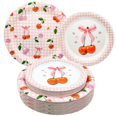 Imagem de GOGUOGOFA 50 peças de suprimentos de cereja 23 cm pratos de jantar de papel cereja rosa guingão 18 cm, pratos de sobremesa para chá de bebê, casamento, piquenique, frutas, cereja, decoração de festa