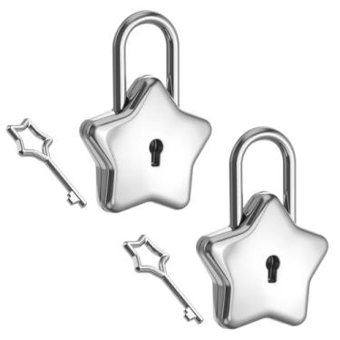 Imagem de Cadeados pequenos com chaves, Mabor 2 peças, pequeno cadeado, mini cadeado em forma de estrela com chaves para diário, caixa de joias, bolsa, bagagem, caixa de cartas, prata