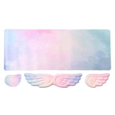 Imagem de Tapete de mesa para jogos com conjunto de descanso de pulso para teclado, mouse pad grande 4 em 1 e teclado de asas de anjo, descanso de pulso e porta-copos para mouse, conforto e suporte para