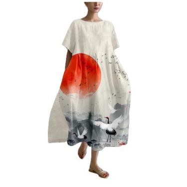 Imagem de Vestido casual MARSVOVO, bege, estampa de guindaste, feminino, algodão