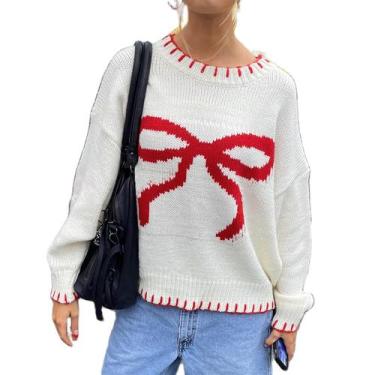 Imagem de Suéter feminino FOMOYUU com laço de manga comprida tricotado branco S