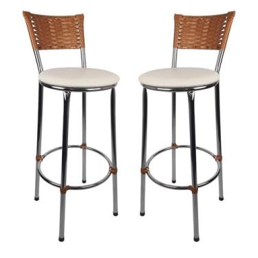 Imagem de KIT 2 Banquetas Alta Cromada Junco IMBUIA Cozinha Balcão Bancada - ESP