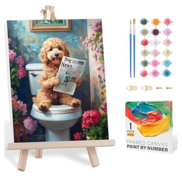Imagem de bleihum Kit de pintura por números para adultos com armação de cavalete de madeira, pintura de cães por números, kits de pintura fácil por números em tela para decoração de casa, presente de 20 x 30