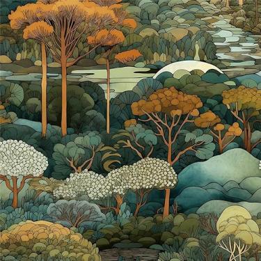 Imagem de MuralPeel Papel de parede vintage de outono paisagem amarelo/laranja floresta pôr do sol árvore rio descascar e colar papel de parede fácil de remover autoadesivo removível em papel de parede para