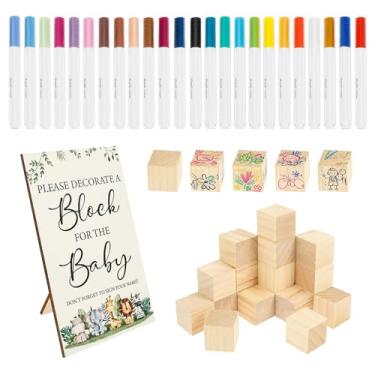 Imagem de DJAPWPX Kit de placas de jogos de chá de bebê, blocos de chá de bebê para decorar com 50 blocos de madeira, 24 marcadores de tinta acrílica, 1 placa de madeira, adequado para jogos de revelação de