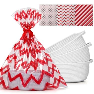 Imagem de Teenyyou Pacote com 3 cestas de tecido com sacos de presente de Natal e laços de cetim 30,5 cm x 20,3 cm x 12,7 cm pequena cesta de armazenamento de corda de algodão vazia com alças (vermelho