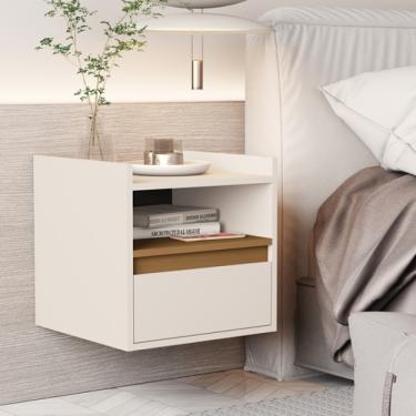 Imagem de Mesa de Cabeceira suspensa com porta basculante Miguel Cor Off white / Nature - Comprar Moveis em Casa