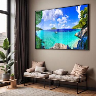 Imagem de Quadro com Moldura e Acrilico Cristal Vidro Sala Quarto Mar Azul Barco