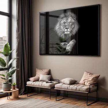 Imagem de Quadro com Moldura e Acrilico Cristal Vidro Sala Quarto Leão Preto e B