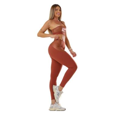 Imagem de Conjunto Fitness Feminino Top Acetinado Assimétrico Calça Legging Cós Largo Pala Acetinado UV50+-Feminino
