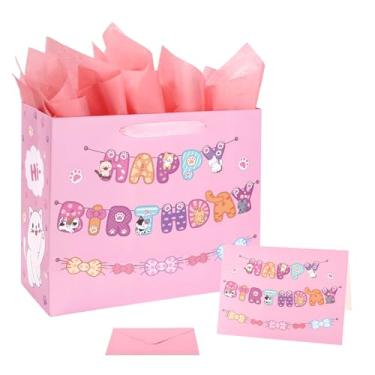 Imagem de Gato Happy Birthday Conjunto de Sacolas Presente, Kawaii Sacola Presente Rosa com Cartão Cumprimento Envelope e Papel Seda Suprimentos Festa Aniversário Tema Gato Fofo para Lembrancinhas Festa