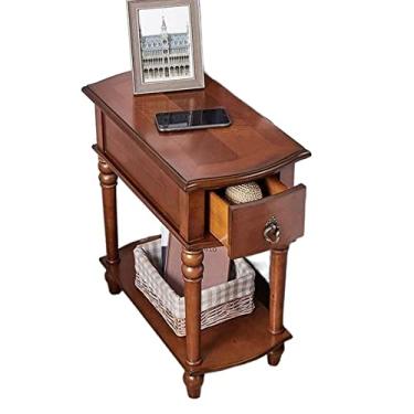 Imagem de ZzleoyuUUs-12 Mesa lateral de madeira para mesa de chá, extremidade estreita com prateleira de armazenamento aberta e gaveta, armário de café retangular retrô para sala de estar, mesa de chão de cama