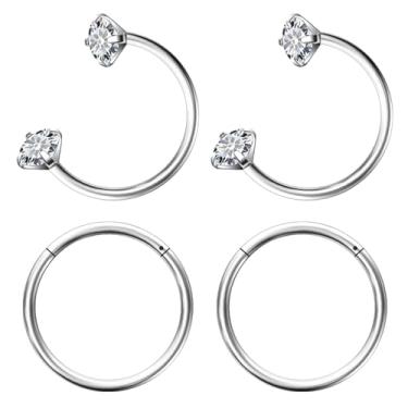 Imagem de Hoeudjo Anel de nariz em ferradura 18 g de aço cirúrgico com dobradiças para mulheres brinco de meia argola sapato de cavalo Daith Clicker Tragus brinco argola hélice piercing joia dupla 4 peças